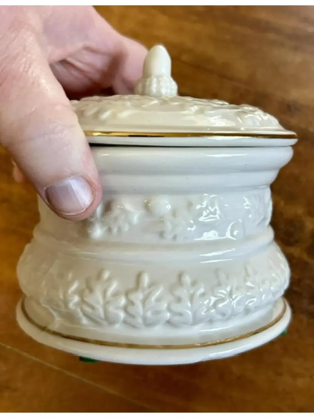 Vintage White Ceramic Decorative Covered Jar with Gold Trim